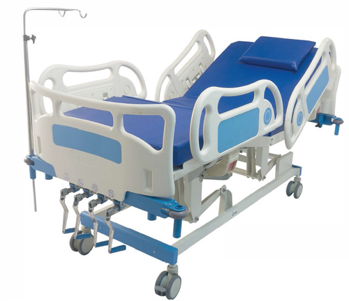 ICU Bed - Stainless Steel, 2160mm x 955mm x 460mm-860mm Adjustable Height | Detachable Panels, Ventilated Bedplate, Folding Side Rails, Castors with Brakes, IV Rod and Urine Bag Holder