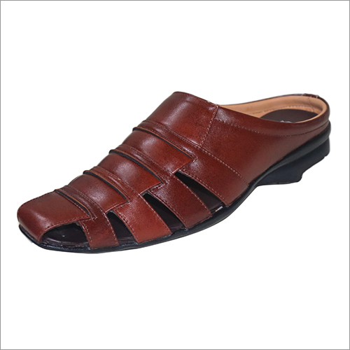 Mens Brown Leather Round Toe Slip On Sandals