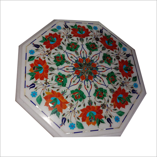 Indian Mother Of Pearl Inlay Work White Marble Octagonal Rolling Board