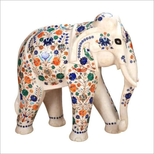 Mother of Pearl Inlay Work White Marble Elephant Statue