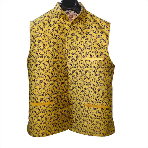 Yellow Printed Nehru Jacket Gender: Mens