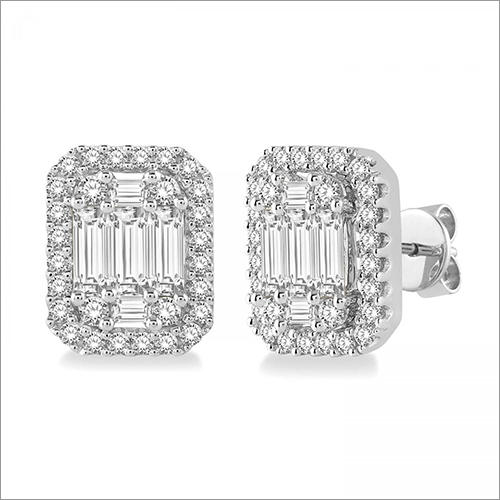 Diamond Baguette And Round Illusion Emerald-cut Halo Earrings