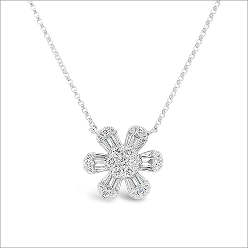 Round And Baguette Diamond Flower Pendant