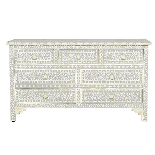 7 Drawer Floral Commode - Wood & Bone Inlay, 48"W x 16"D x 30"H, Off-White Finish, Traditional Style