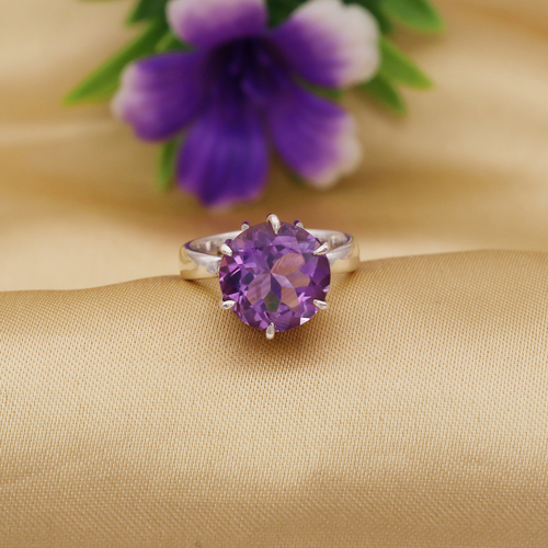 925 Sterling Silver Amethyst Round Ring