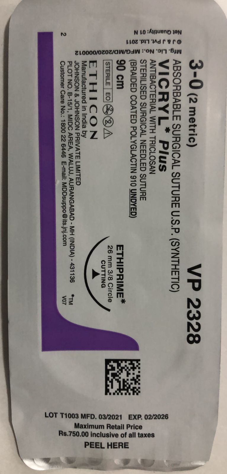 Ethicon Synthetic Absorbable Coated Vicryl Plus Antibacterial Sutures(VP2328)