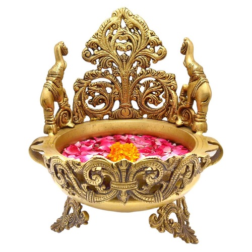 Aakrati Peacock and Elephant Design Traditional Brass Urli for Floral and Candle Decoration Show Piece Home Decor for Reception