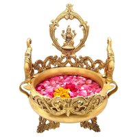 Yellow Antique Flower Pot With Goddess Lakshmi Idol Gold Brass Hand Carved Urli
