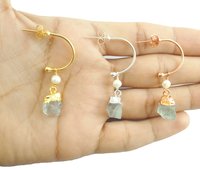 New Style Raw Gemstone with Pearl Bead Hoop earring - Birthstone and Pearl Gold Plated Hoop Earrings- Selling by Pair
