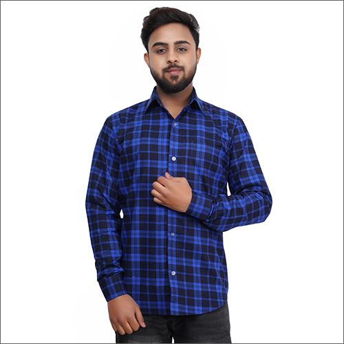 Mens Blue Checked Full Sleeves Cotton Shirt