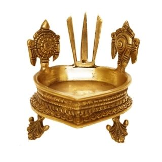 Round Brass Made Hurli With Sankh Chakra Namah Symbol For Home Decor Hallway Decoration And Gifting With Yellow Finish