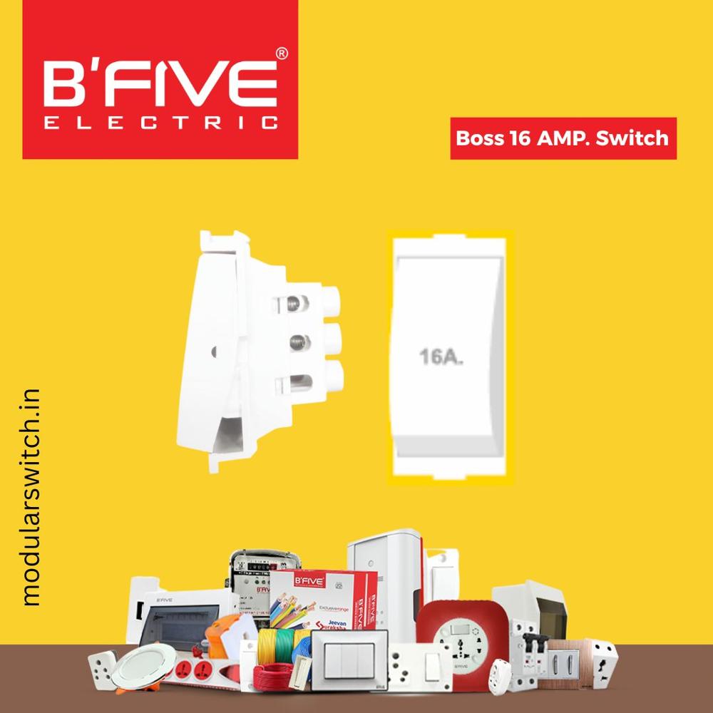 Boss Switch - 16 Amp, Polycarbonate Material, White Color | ISI Marked, Tested Over 100000 Operations, Domeshaped Contact, Rocker Profile for Enhanced Pressure