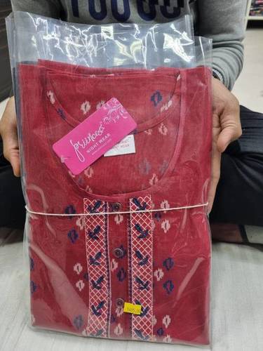 Embroidered Nighty M1 - Cotton, Free Size, Full Length, Red and Blue Embroidered, Round Neck | Designed for Supreme Comfort