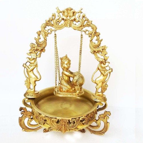 Urli with decoration Brass Made Baby Krishna on swing figure Home office table Decor Decorative Urli