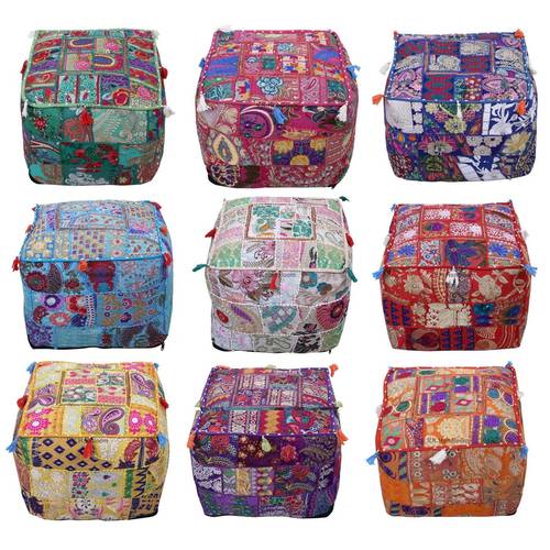 Ethnic Decorative Patchwork Ottoman Cover Handmade Bean Bag Boho Embroidered Floor Pouf
