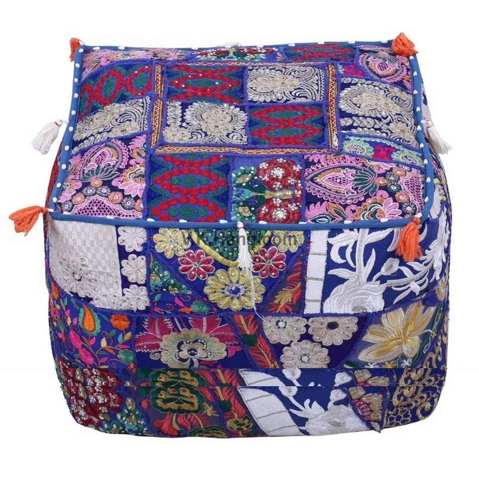 Ethnic Decorative Patchwork Ottoman Cover Handmade Bean Bag Boho Embroidered Floor Pouf