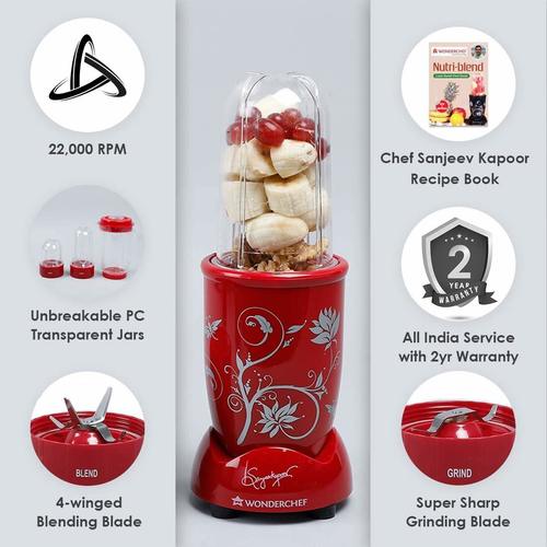 Wonderchef Nutri Blend, 22000 RPM Mixer Grinder, Blender, Stainless Steel Blades, 3 Unbreakable Jars, 400 W-Red By HAUTBRANDS INDIA PRIVATE LIMITED