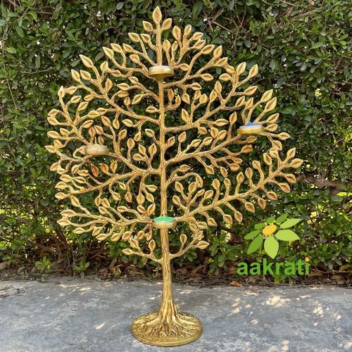 Aakrati Desirable Tree Showcase with Tea Lights for Home Hotel Living Room Decor Made of Brass
