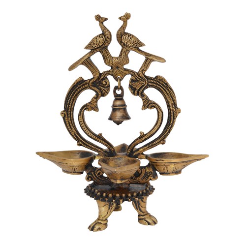 Ethnic Design four diya with Brass bell Traditional lamp Showpiece