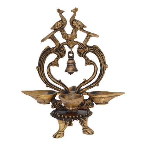 Ethnic Design four diya with Brass bell Traditional lamp Showpiece