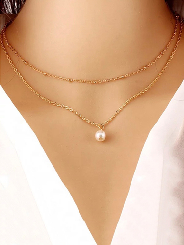 Lovely Gold Plated Double Layered Pearl Drop Pendant Necklace