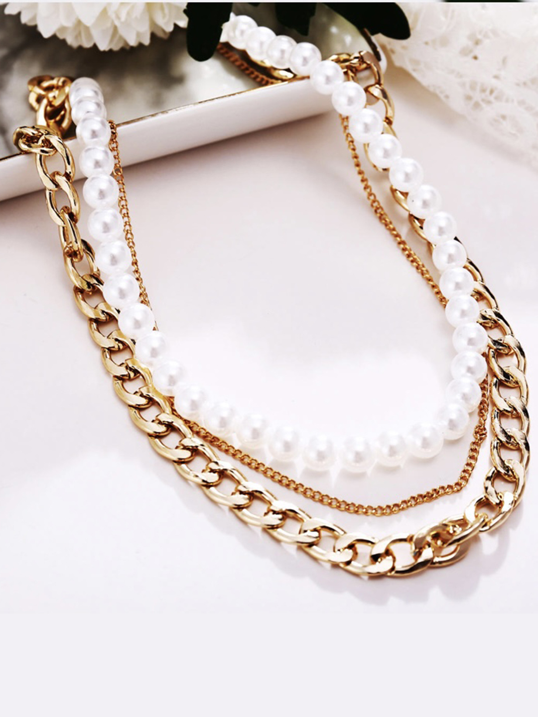 Gold Plated Triple Layered Pearl and Chunky Chain Necklace