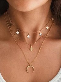 Charming Gold Plated Triple Layered Stars and Moon Pendant Necklace