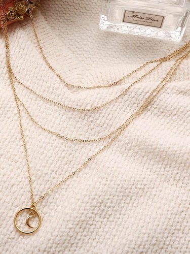 Pretty Gold Plated Multi Layered Circle With Moon Pendant Necklace