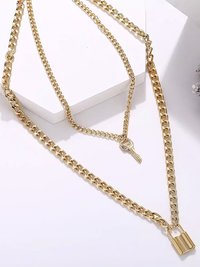 Charming Gold Plated Double Layered Lock and Key Pendant Necklace