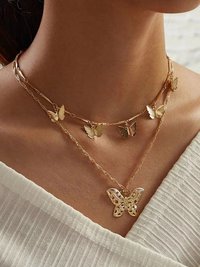Lovely Gold Plated Double Layered Butterfly Pendant Necklace