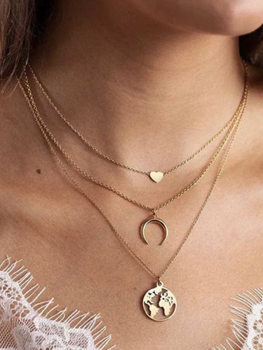 Gorgeous Gold Plated Triple Layered Heart Moon and Earth Pendant Necklace