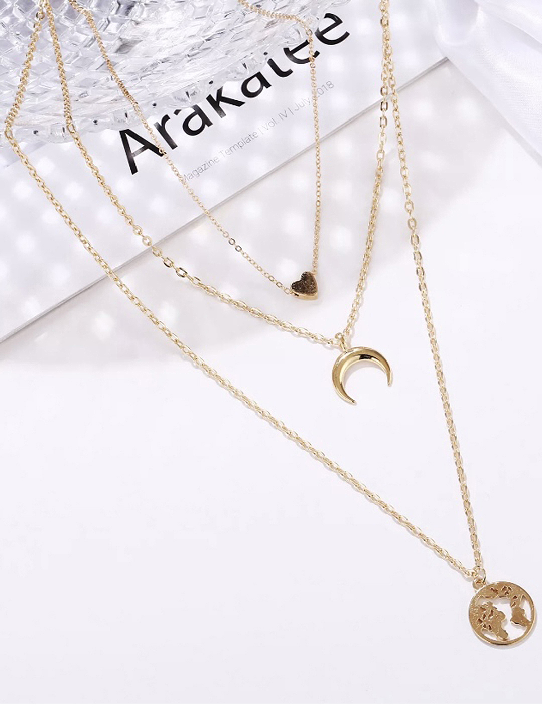 Gorgeous Gold Plated Triple Layered Heart Moon and Earth Pendant Necklace