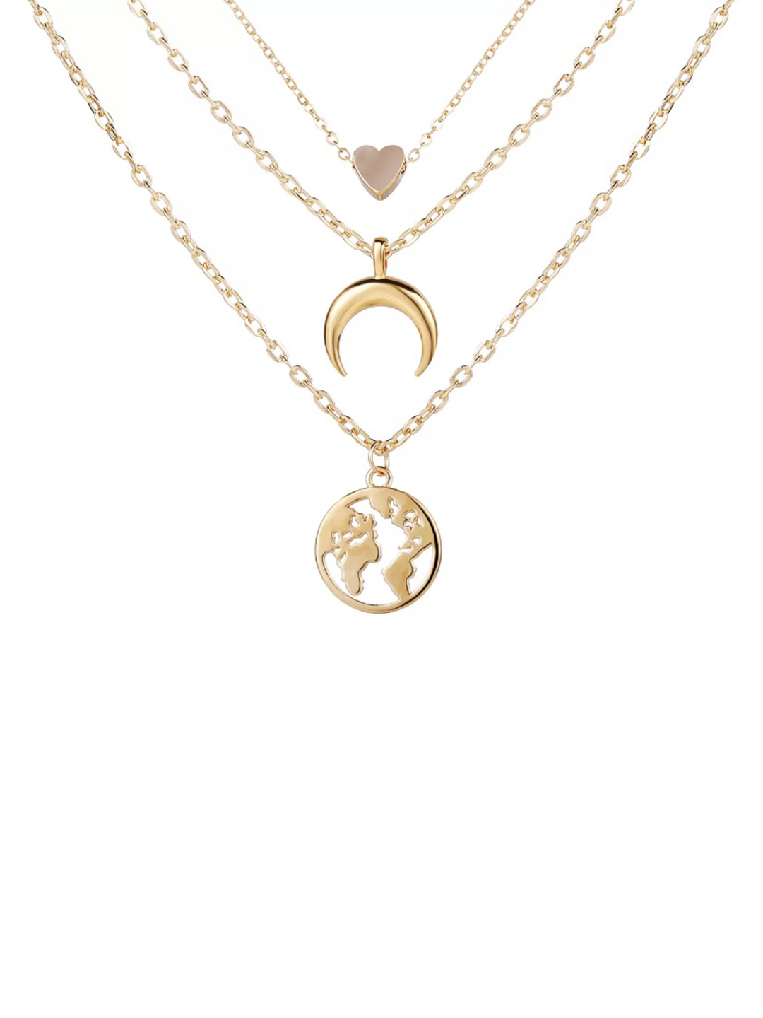 Gorgeous Gold Plated Triple Layered Heart Moon and Earth Pendant Necklace