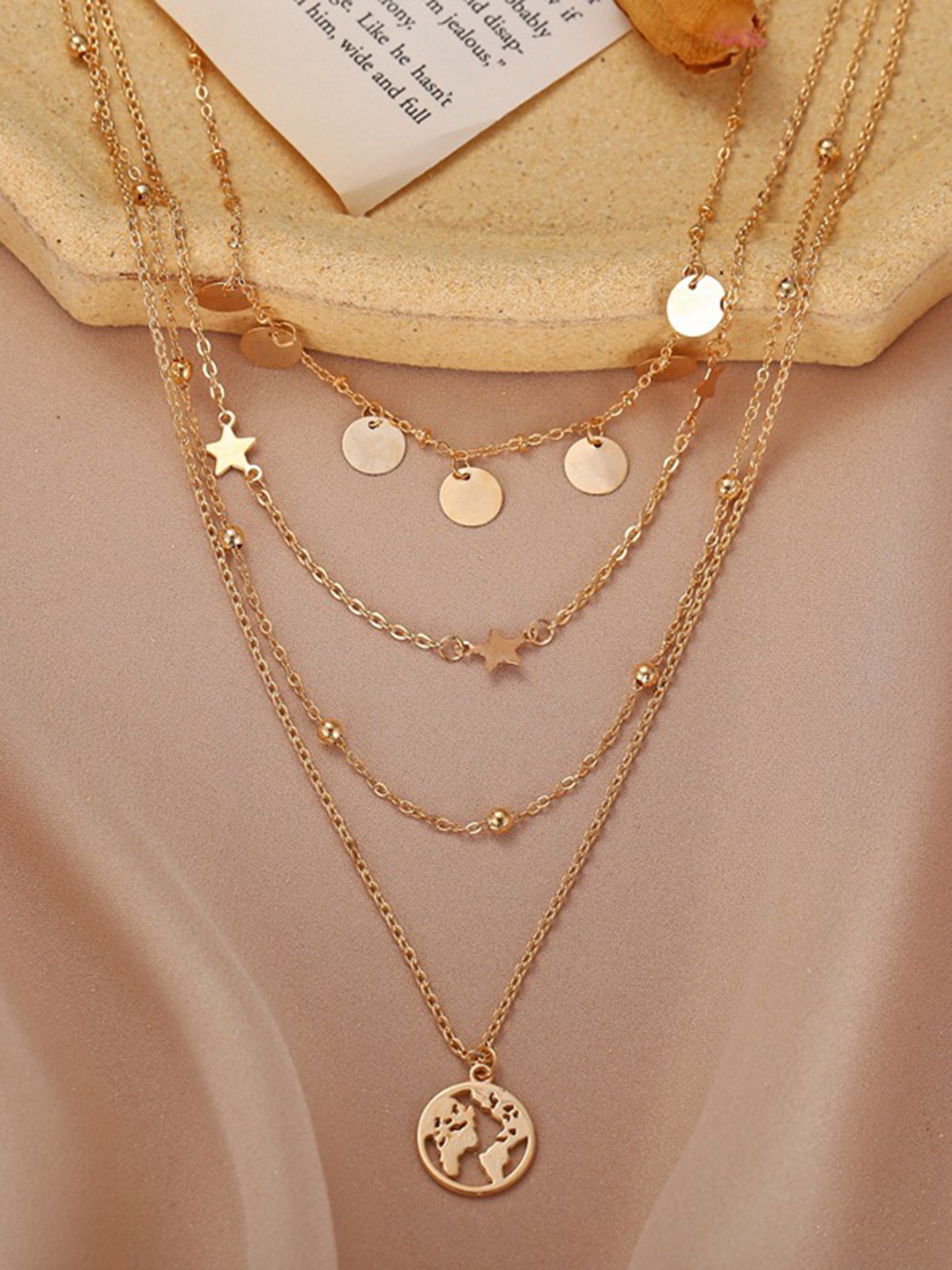 Gorgeous Gold Plated Multi Layered Star and World Necklace