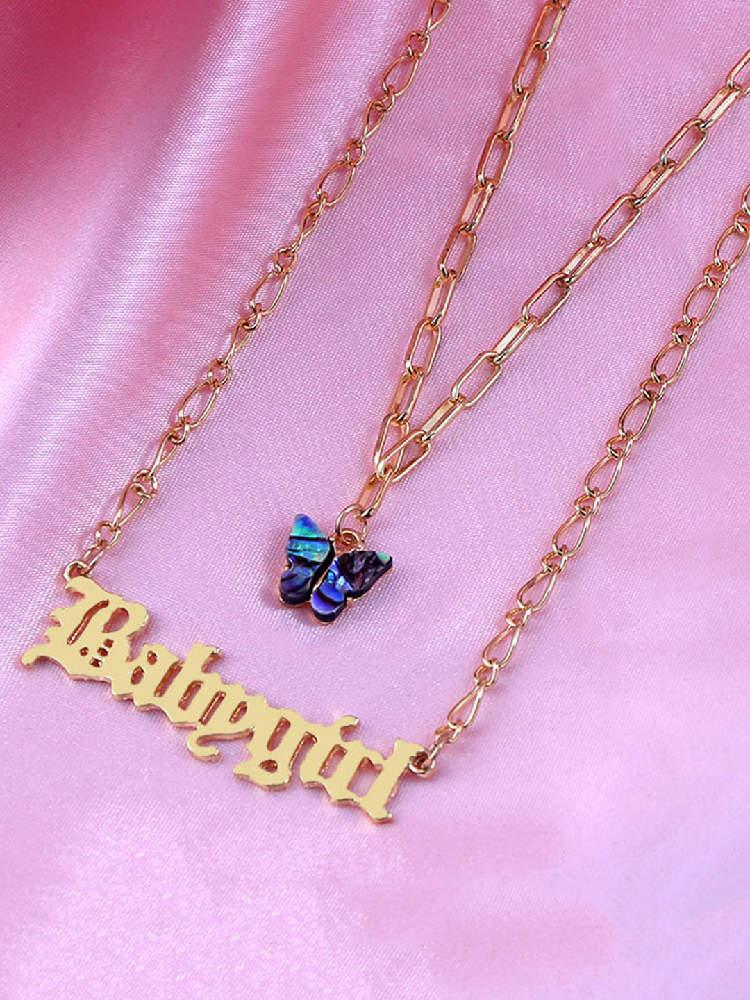 Gorgeous Gold Plated Double Layered Multicolor Butterfly and Baby girl Word Necklace