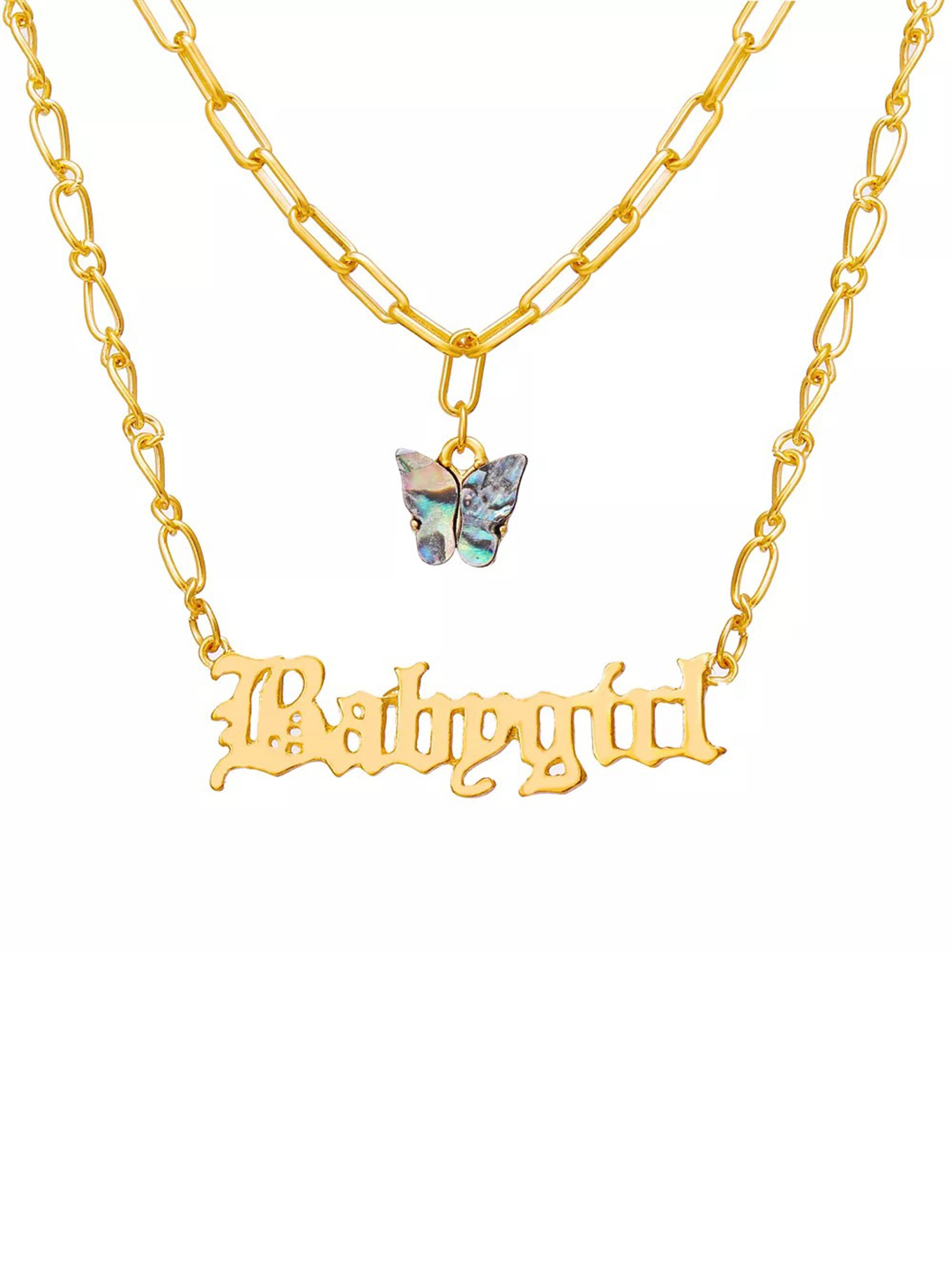 Gorgeous Gold Plated Double Layered Multicolor Butterfly and Baby girl Word Necklace