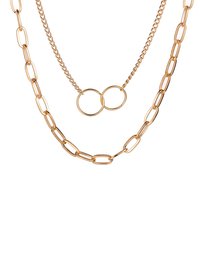 Pretty Gold Plated Double Layered Chunky Chain Link and Double Circle Ring Pendant Necklace