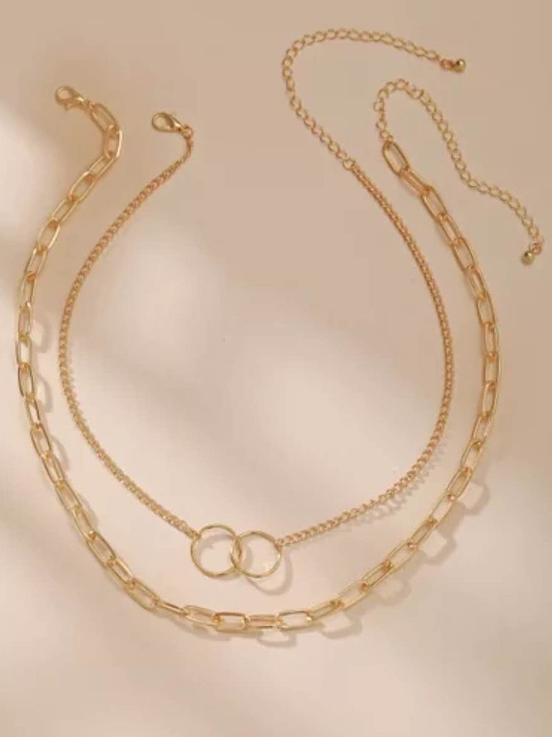 Pretty Gold Plated Double Layered Chunky Chain Link and Double Circle Ring Pendant Necklace