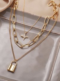 Lovely Gold Plated Triple Layered Star and Lock Pendant Necklace