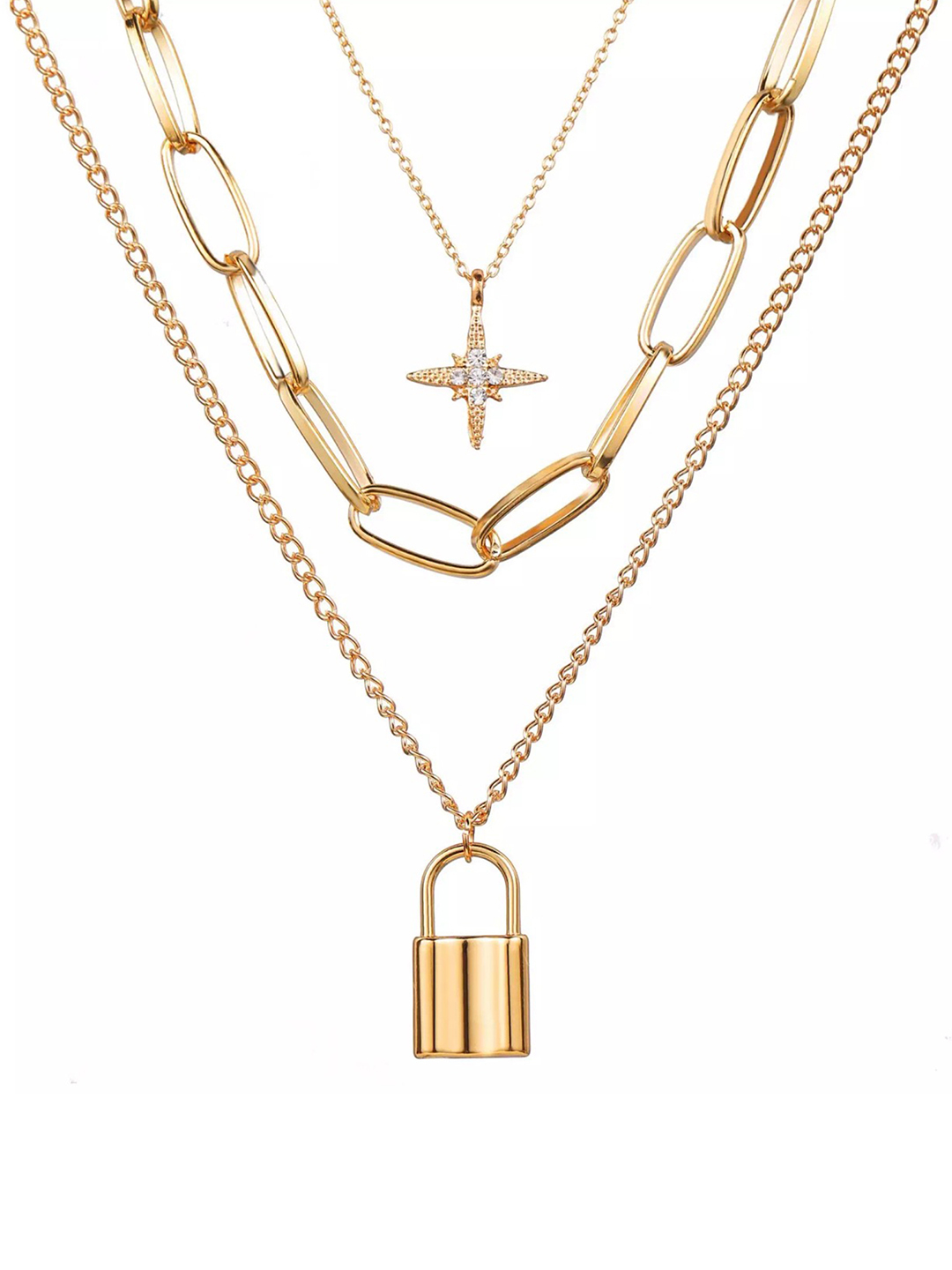 Lovely Gold Plated Triple Layered Star and Lock Pendant Necklace