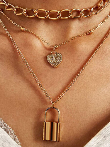 Stunning Gold Plated Triple Layered Chunky Chain Link Heart and Lock Pendant Necklace