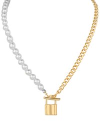 Stunning Gold Plated Pearl and Chain-link Lock Pendant Necklace