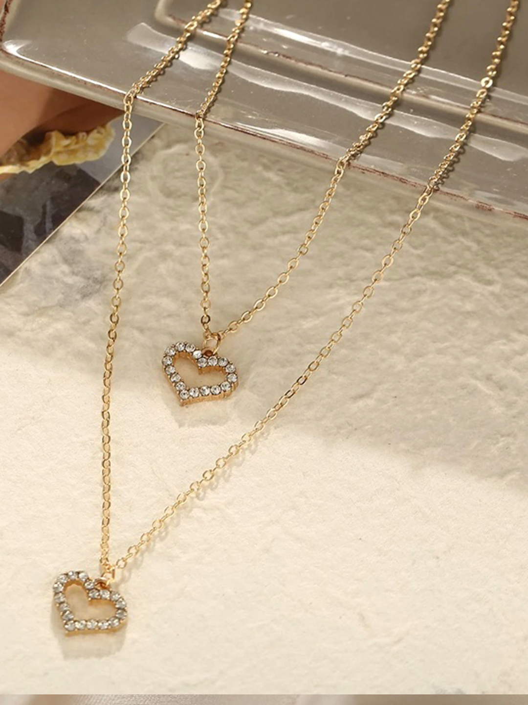 Pretty Gold Plated Double Layered Heart Pendant Necklace