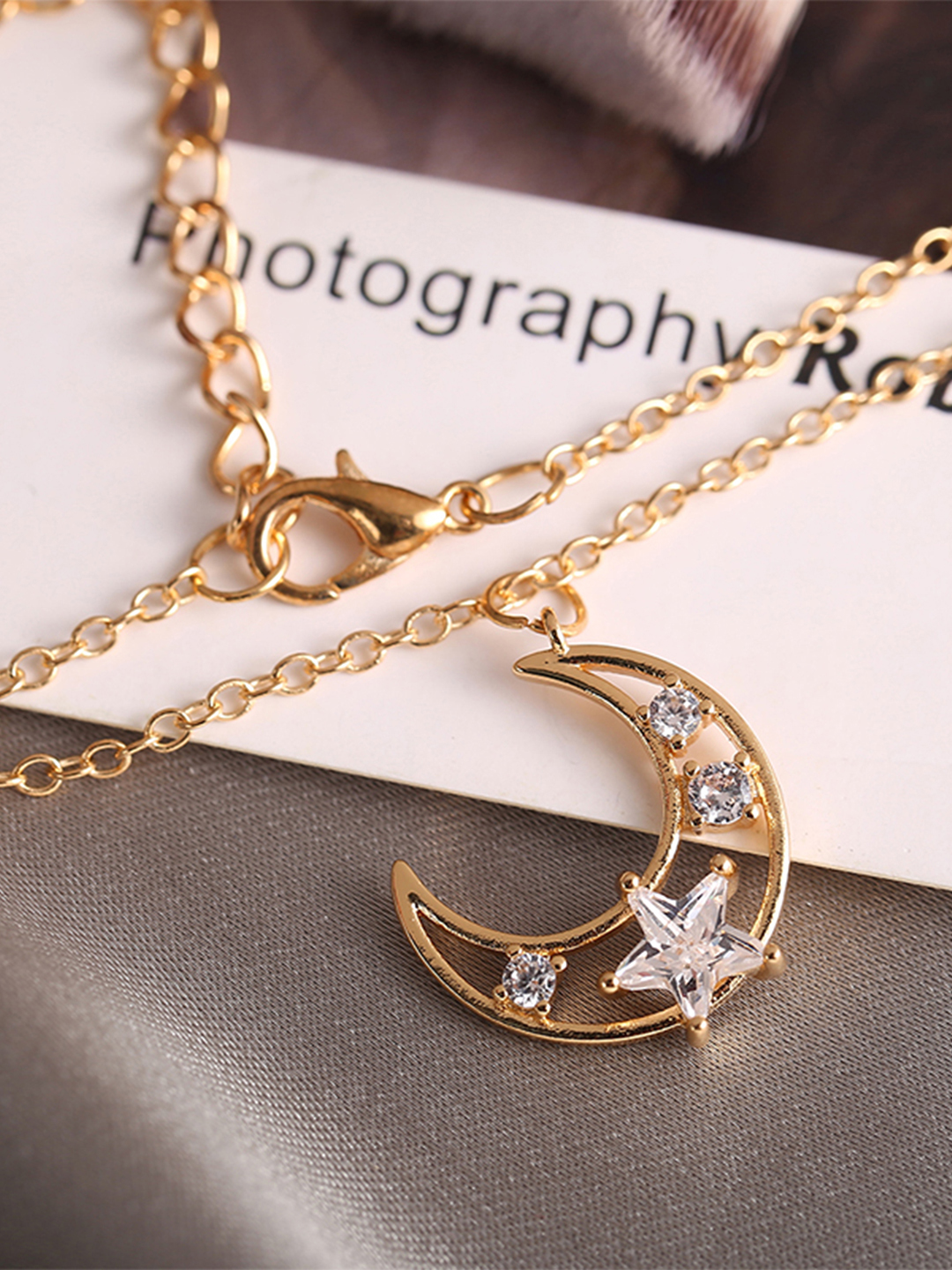 Gorgeous Gold Plated Single Layered Moon with Star Studs Pendant Necklace