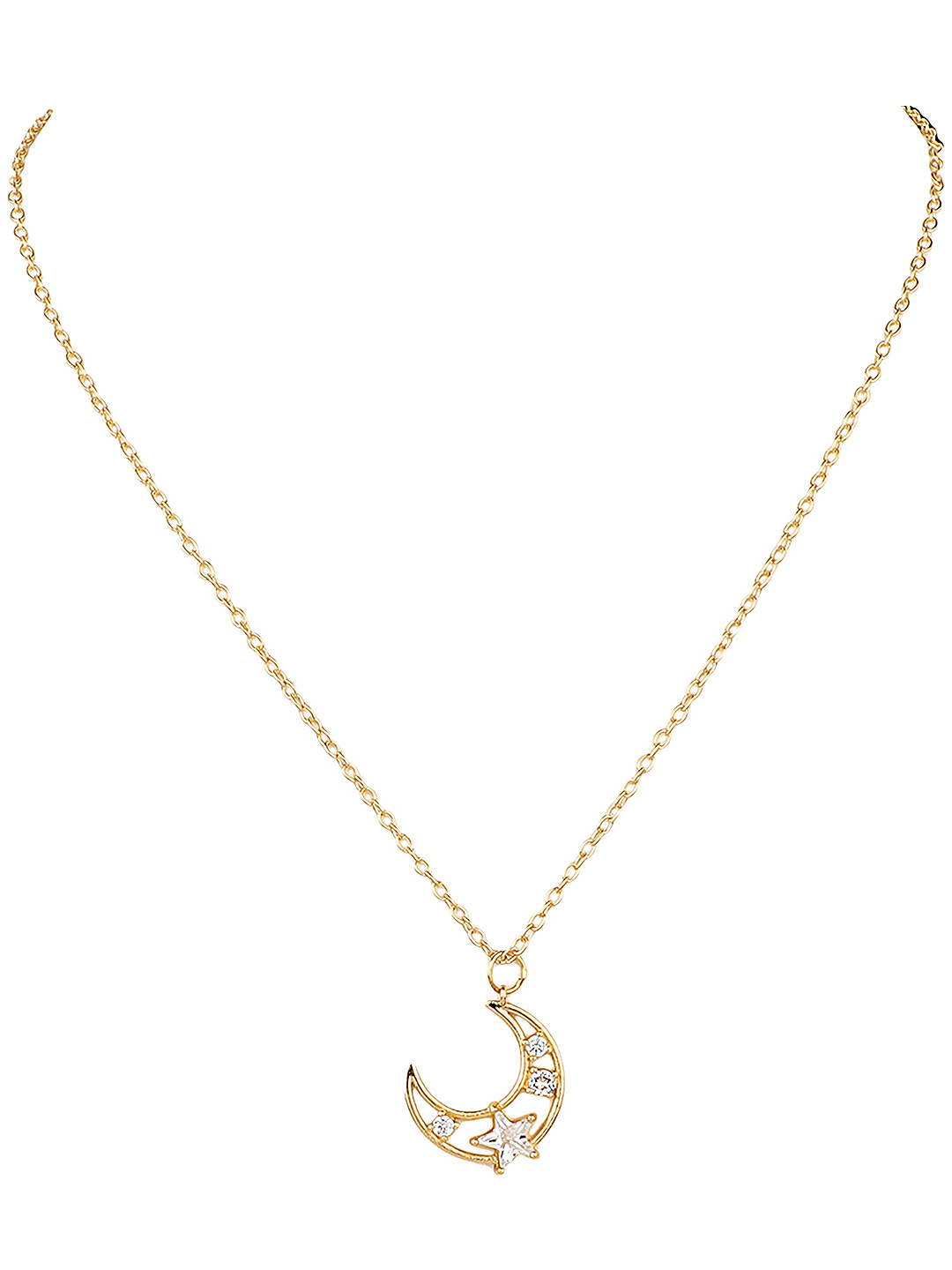 Gorgeous Gold Plated Single Layered Moon with Star Studs Pendant Necklace