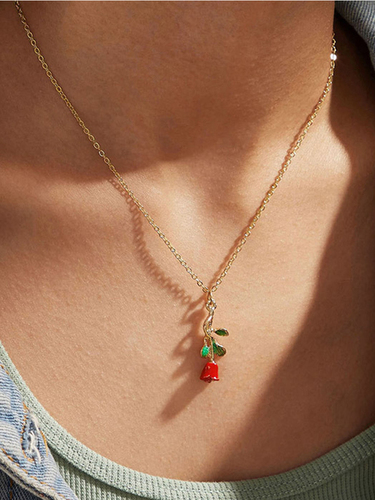 Gold Plated Red Rose Pendant Necklace