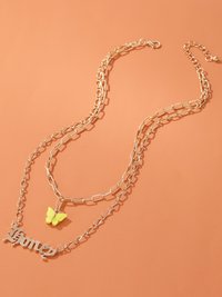 Charming Gold Plated Double Layered Yellow Butterfly and Honey Word Necklace