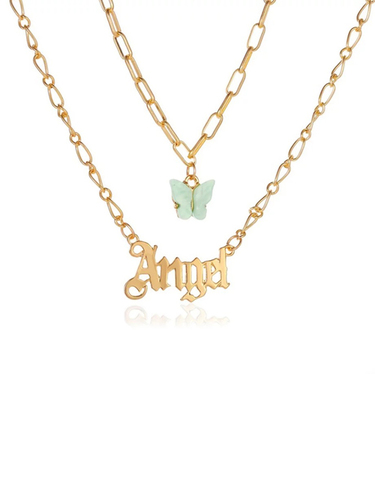 Gold Plated Double Layered Blue Butterfly Angel Word Necklace - Alloy, 20g Weight | Fine Jewelry for Women, Unique Pendant Design