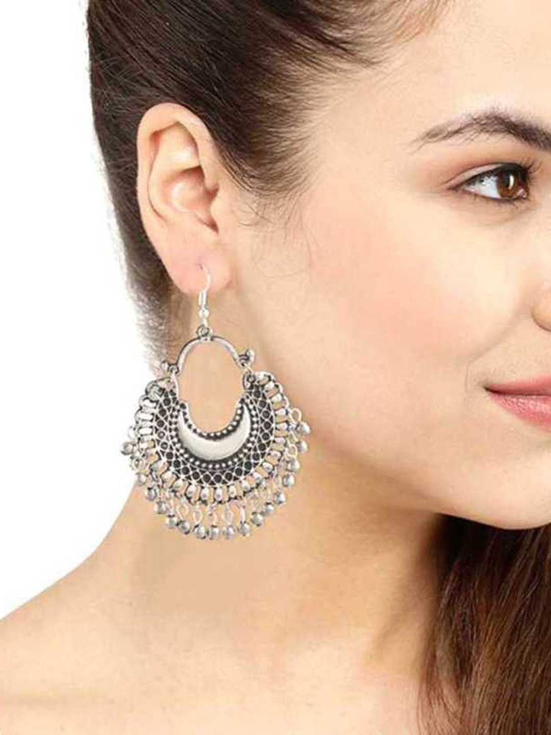 Oxidised Silver Half Moon Necklace With Hanging Jhumki