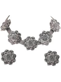 Stylish Oxidised Silver Flower Choker Necklace with Stud Earrings for Women & Girls
